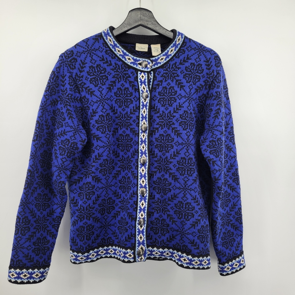 L.L. Bean Cotton Nordic Elegant Blue Patterned Sweater Size Medium